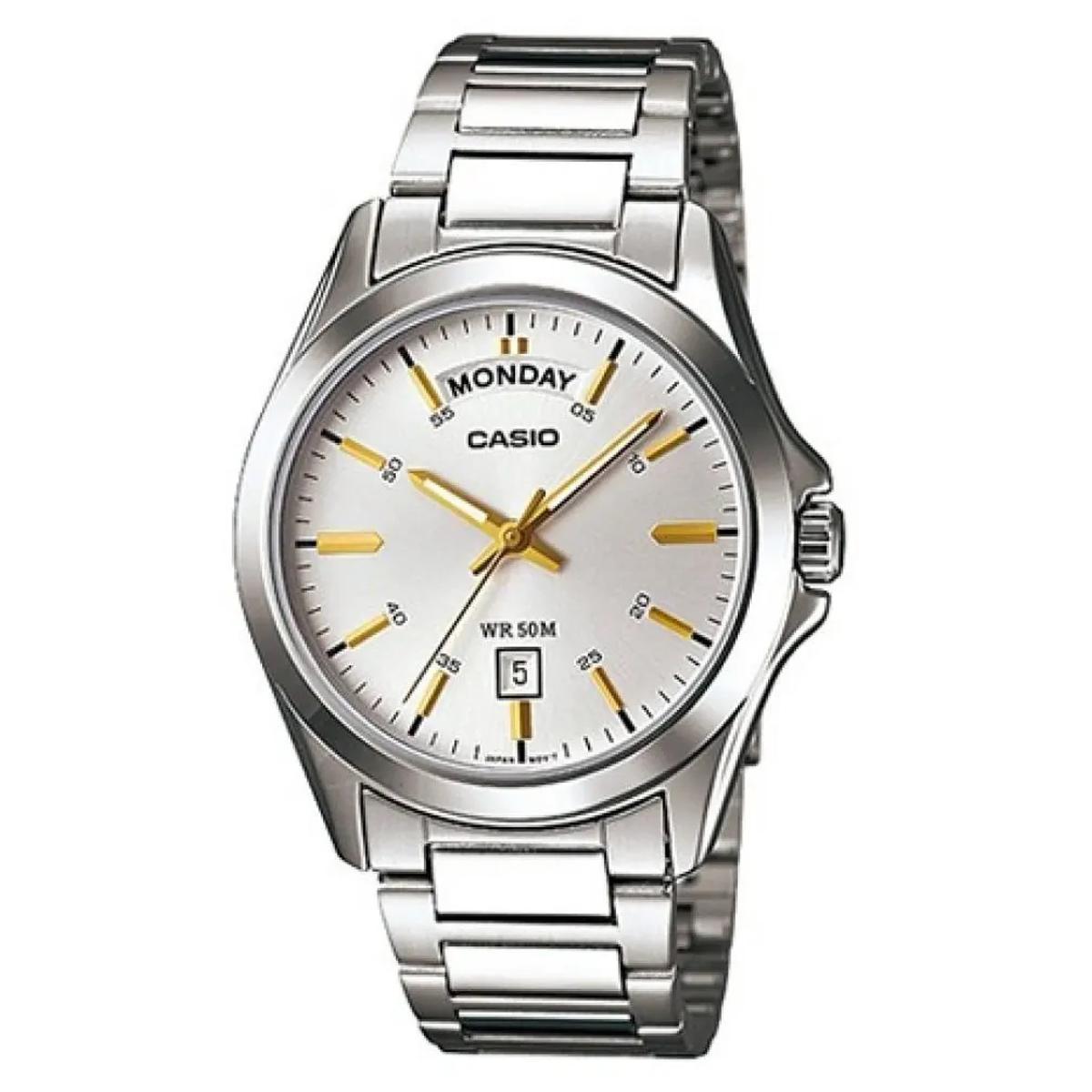 Casio General Mens Stainless Steel Quartz White Dial Day+Date Silver Stainless Steel Band Watch-