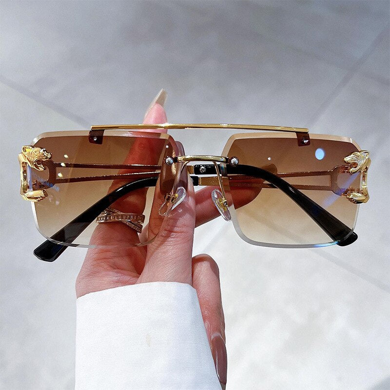 Leopard Rimless Rectangle Sunglasses Women Men Glasses Metal Gold Polygon Blue Shades