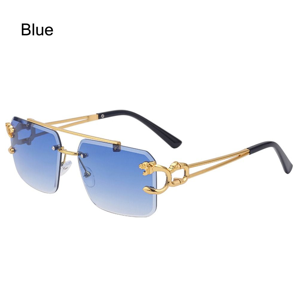 Leopard Rimless Rectangle Sunglasses Women Men Glasses Metal Gold Polygon Blue Shades