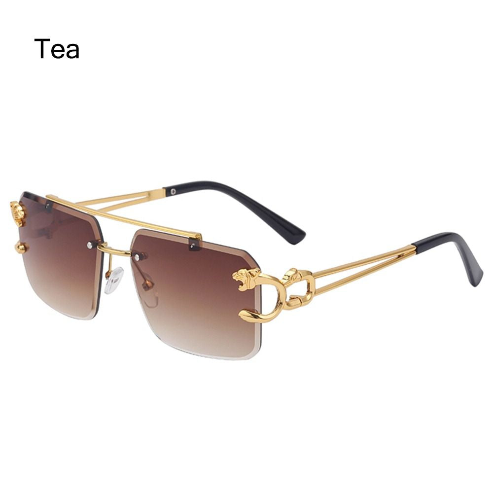 Leopard Rimless Rectangle Sunglasses Women Men Glasses Metal Gold Polygon Blue Shades