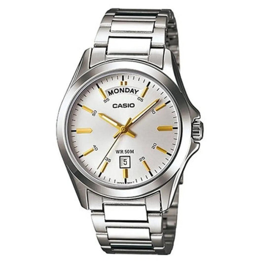 Casio General Mens Stainless Steel Quartz White Dial Day+Date Silver Stainless Steel Band Watch-