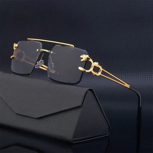 Leopard Rimless Rectangle Sunglasses Women Men Glasses Metal Gold Polygon Blue Shades