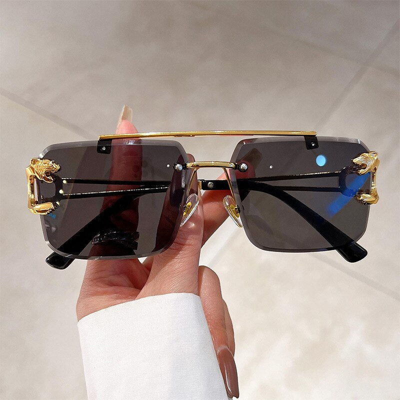 Leopard Rimless Rectangle Sunglasses Women Men Glasses Metal Gold Polygon Blue Shades