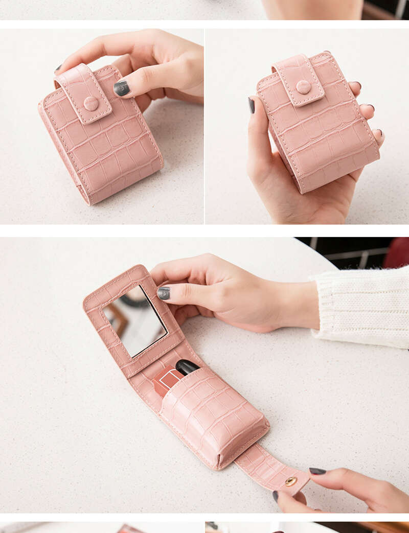 Women’s Travel Makeup Female Lipstick Cosmetic Bag with Mirror Pu Leather Mini